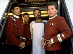 Leonard Nimoy, DeForest Kelley, Laurence Luckinbill and William Shatner in Star Trek V: The Final Frontier. Leonard Nimoy, DeForest Kelley, Laurence Luckinbill and William Shatner in Star Trek V: The Final Frontier.