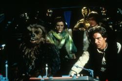 Peter Mayhew, Carrie Fisher, Anthony Daniels, Mark Hamill and Harrison Ford in Star Wars: Episode VI Return of the Jedi.