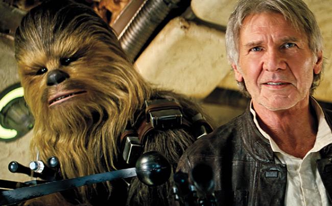 Peter Mayhew and Harrison Ford return as Chewbacca and Han Solo in Star Wars: The Force Awakens.