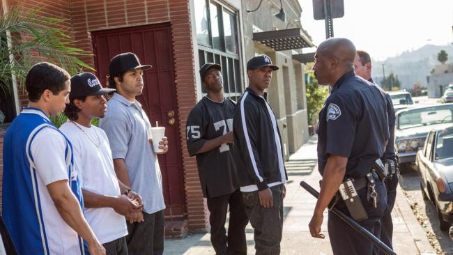 N.W.A. face off with LAPD in Straight Outta Compton. N.W.A. face off with LAPD in Straight Outta Compton.