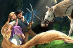 Flynn, Rapunzel and Maximus in Tangled.