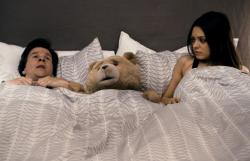 Mark Wahlberg and Mila Kunis share their bed with a teddy bear in Seth MacFarlane's Ted.