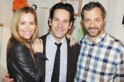 Leslie Mann with her on screen husband Paul Rudd and her off screen husband Judd Apatow.