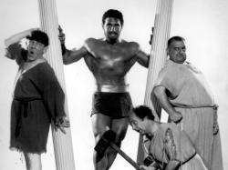 Moe Howard, Samson Burke, Larry Fine and Joe DeRita in The Three Stooges Meet Hercules