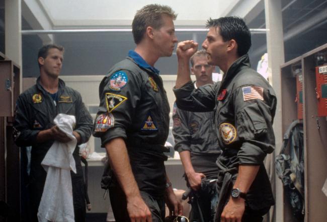 Val Kilmer and Tom Cruise repress their secret longings for each other in Top Gun. Val Kilmer and Tom Cruise repress their secret longings for each other in Top Gun.