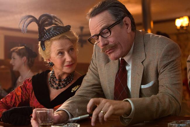 Helen Mirren as Hedda Hopper and Bryan Cranston as Dalton Trumbo in Trumbo.