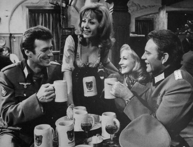 Clint Eastwood, Ingrid Pitt, Mary Ure, and Richard Burton in Where Eagles Dare. Clint Eastwood, Ingrid Pitt, Mary Ure, and Richard Burton in Where Eagles Dare.