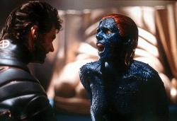 Hugh Jackman and Rebecca Romijn-Stamos in X-men. Hugh Jackman and Rebecca Romijn-Stamos in X-men.